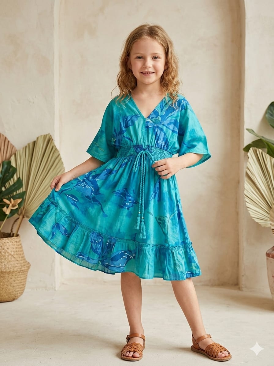 Baby Girls Blue Marbel Printed Cotton Kaftan A-Line Dress