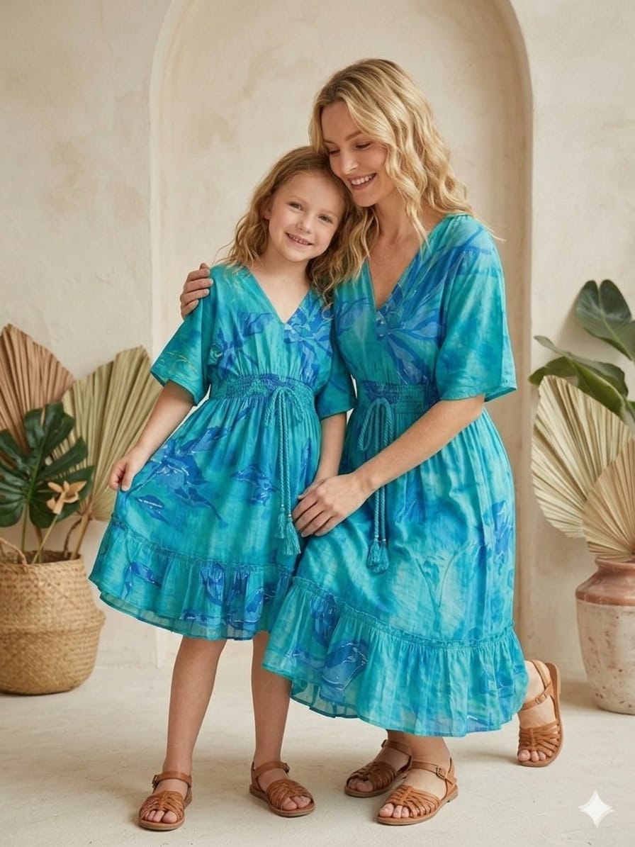 Mom & Me Blue Marbel Printed Cotton Kaftan A-Line Dress