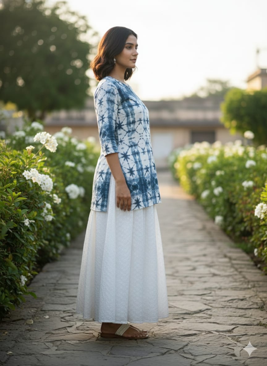 Women’s Blue Tie-Dye Rayon Kurta Set with Chikankari Flared Skirt