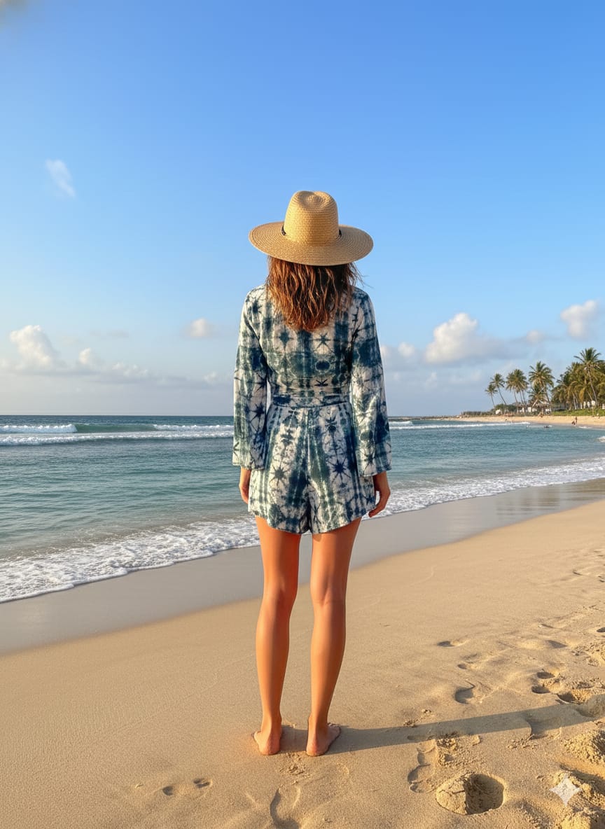 Women’s Blue Tie-Dye Printed Rayon Beach Wear Set with Tie-Up Top & Shorts