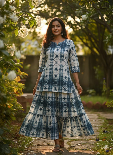 Women’s Blue Tie-Dye Rayon Kurta Set with Flared Skirt