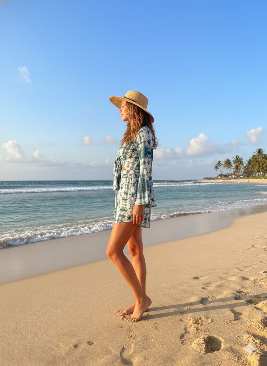 Women’s Blue Tie-Dye Printed Rayon Beach Wear Set with Tie-Up Top & Shorts