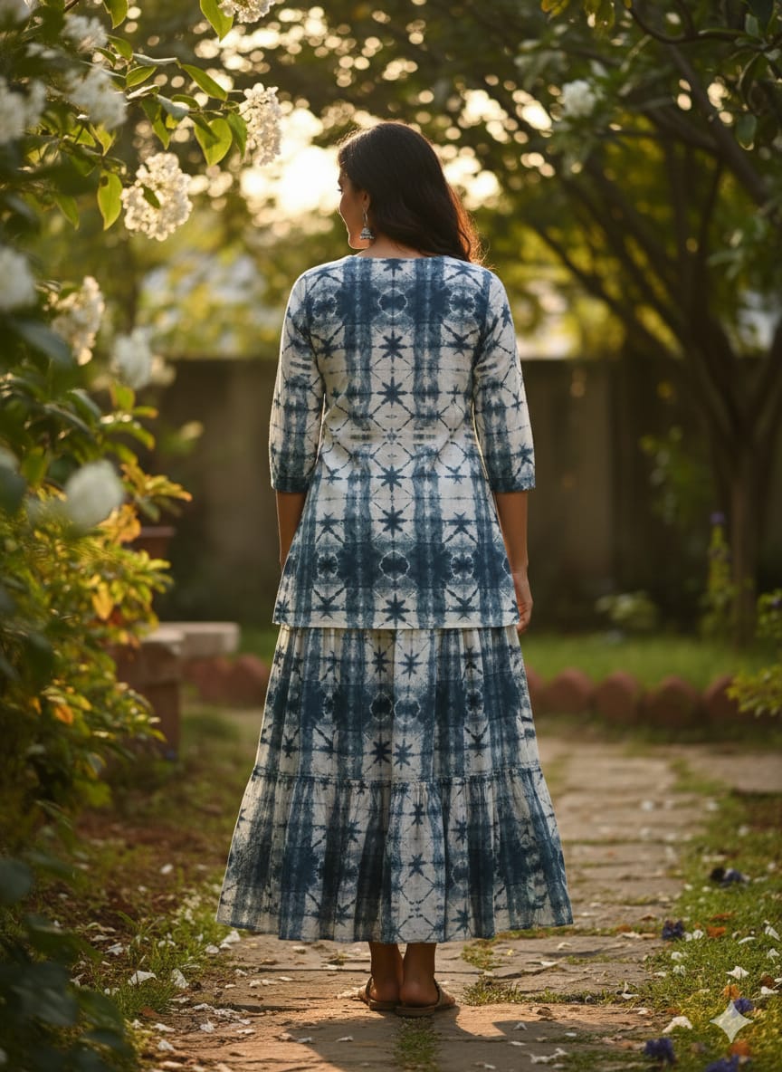 Women’s Blue Tie-Dye Rayon Kurta Set with Flared Skirt