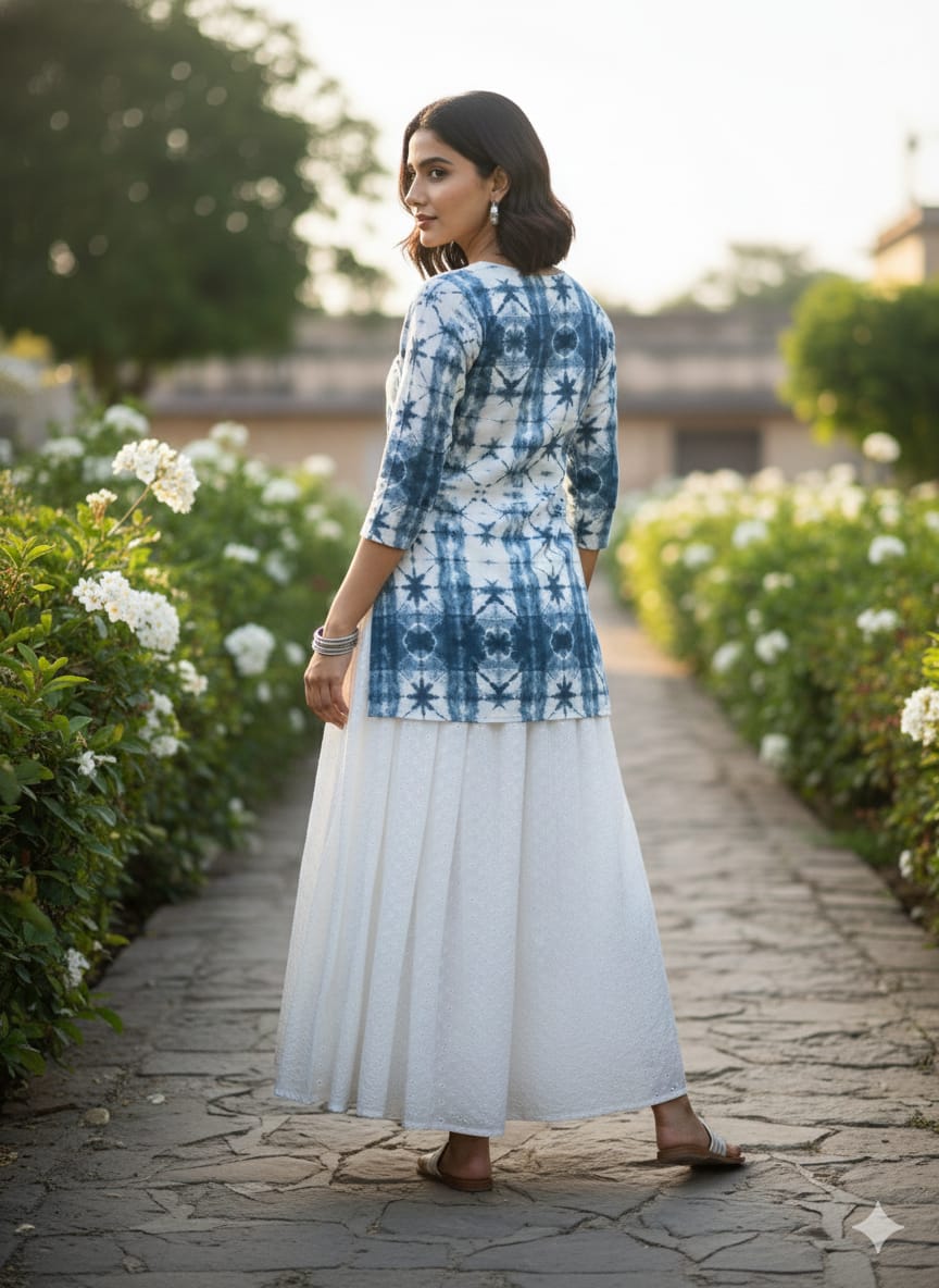 Women’s Blue Tie-Dye Rayon Kurta Set with Chikankari Flared Skirt