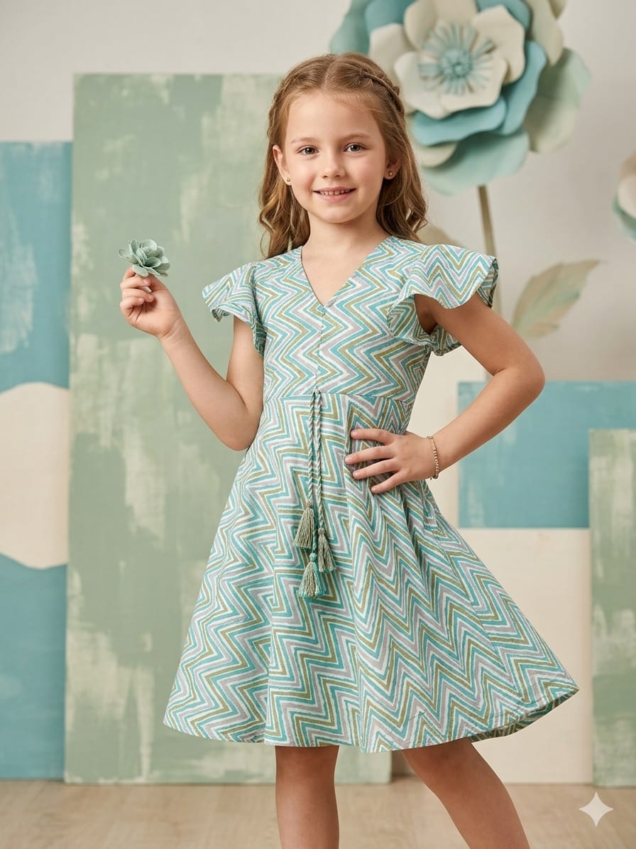 Baby Girls Sky Blue ZigZag Printed Cotton Umbrella Style A-Line Dress with Flutter Sleeves