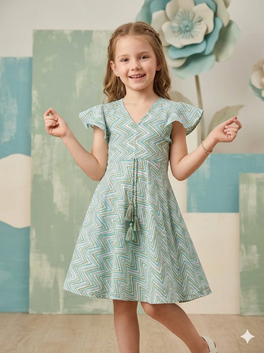 Mom & Me Sky Blue ZigZag Printed Cotton Umbrella Style A-Line Dress with Drawstring Waist
