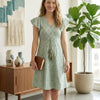 Women’s Sky Blue ZigZag Printed Cotton Umbrella Style A-Line Dress with Drawstring Waist