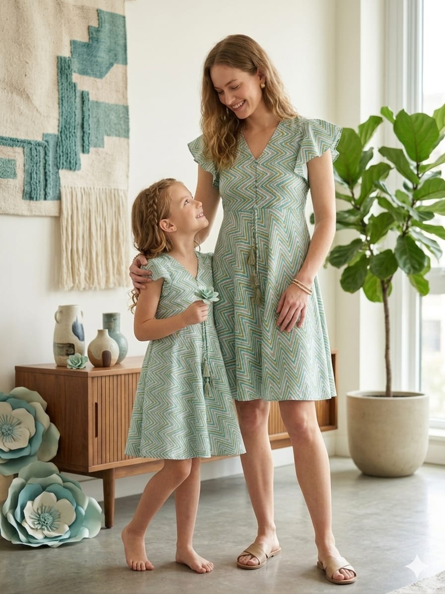 Mom & Me Sky Blue ZigZag Printed Cotton Umbrella Style A-Line Dress with Drawstring Waist
