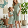 Mom & Me Sky Blue ZigZag Printed Cotton Umbrella Style A-Line Dress with Drawstring Waist