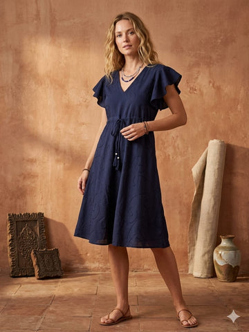 Women’s Blue Rayon Umbrella Style A-Line Dress with Drawstring Waist