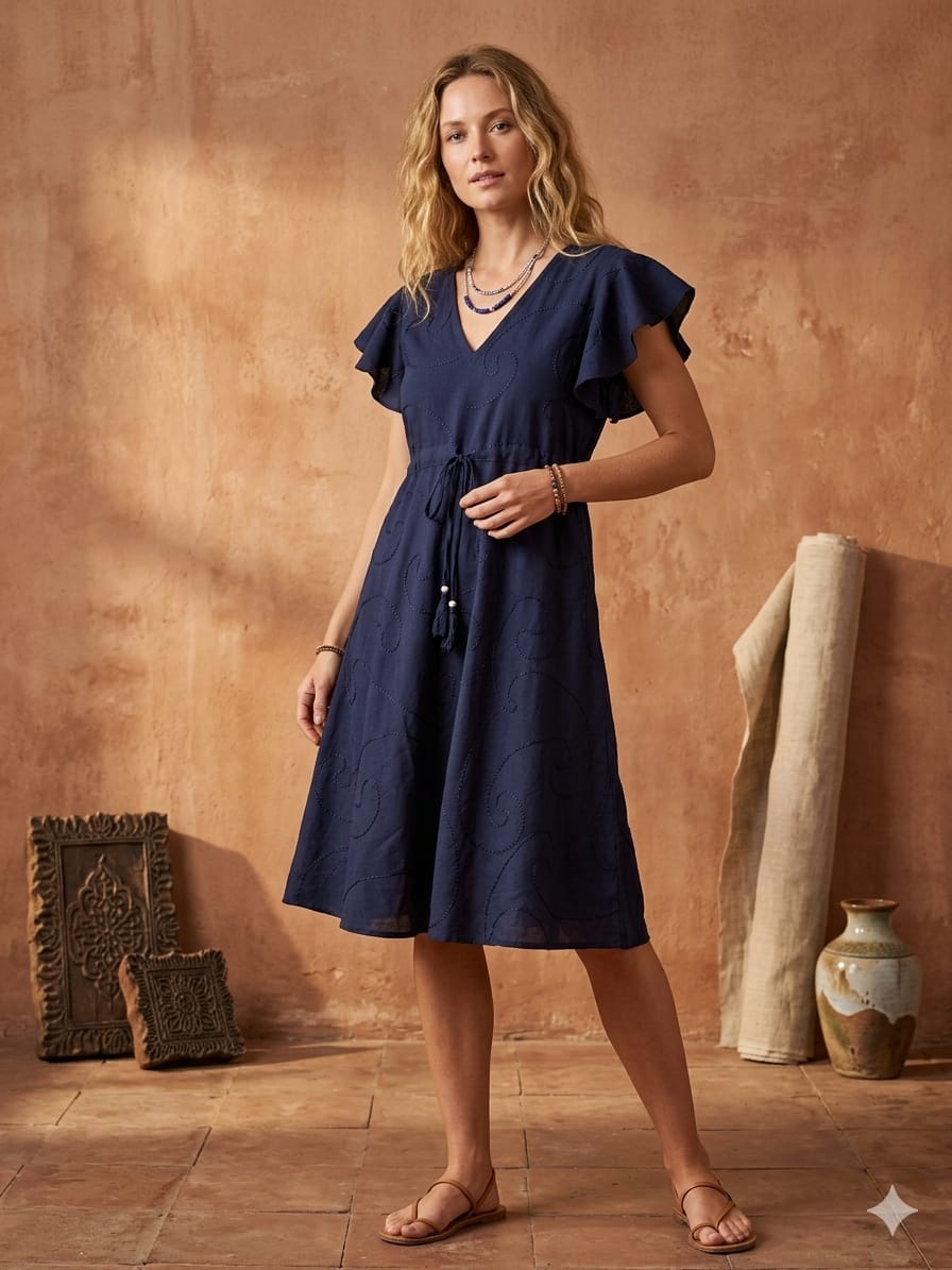 Women’s Blue Rayon Umbrella Style A-Line Dress with Drawstring Waist