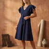 Women’s Blue Rayon Umbrella Style A-Line Dress with Drawstring Waist