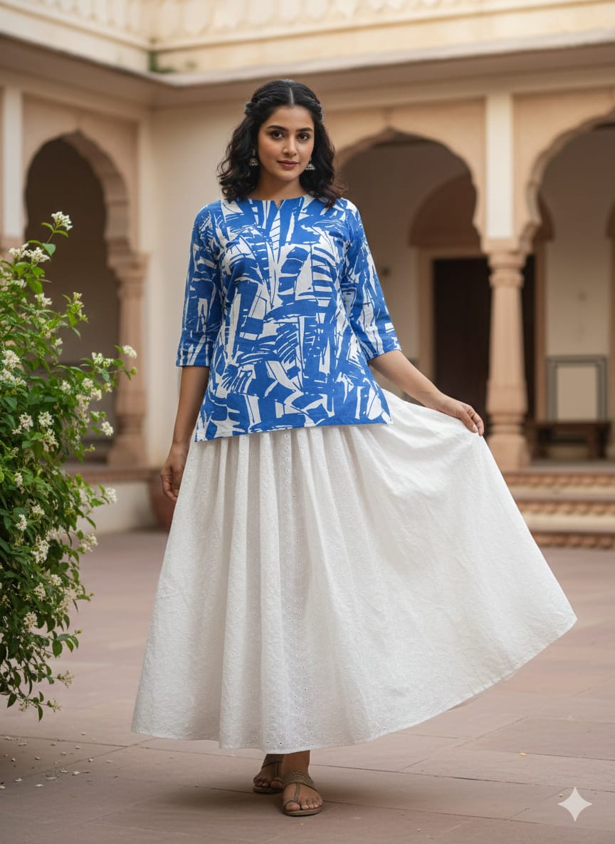 Women’s Blue Abstract Printed Cotton Kurta with Chikankari Flared Skirt Set