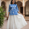 Women’s Blue Abstract Printed Cotton Kurta with Chikankari Flared Skirt Set