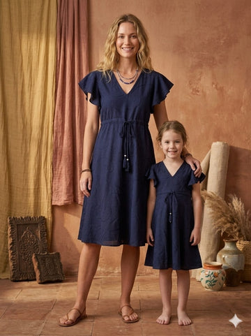 Mom & Me Blue Rayon Umbrella Style A-Line Dress with Drawstring Waist