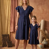 Mom & Me Blue Rayon Umbrella Style A-Line Dress with Drawstring Waist