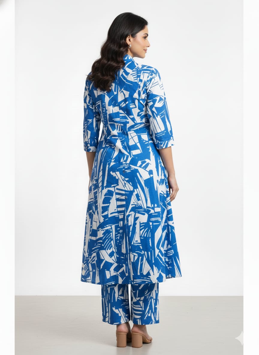 Women’s Blue Abstract Printed Cotton Kurta Set with Straight Pants