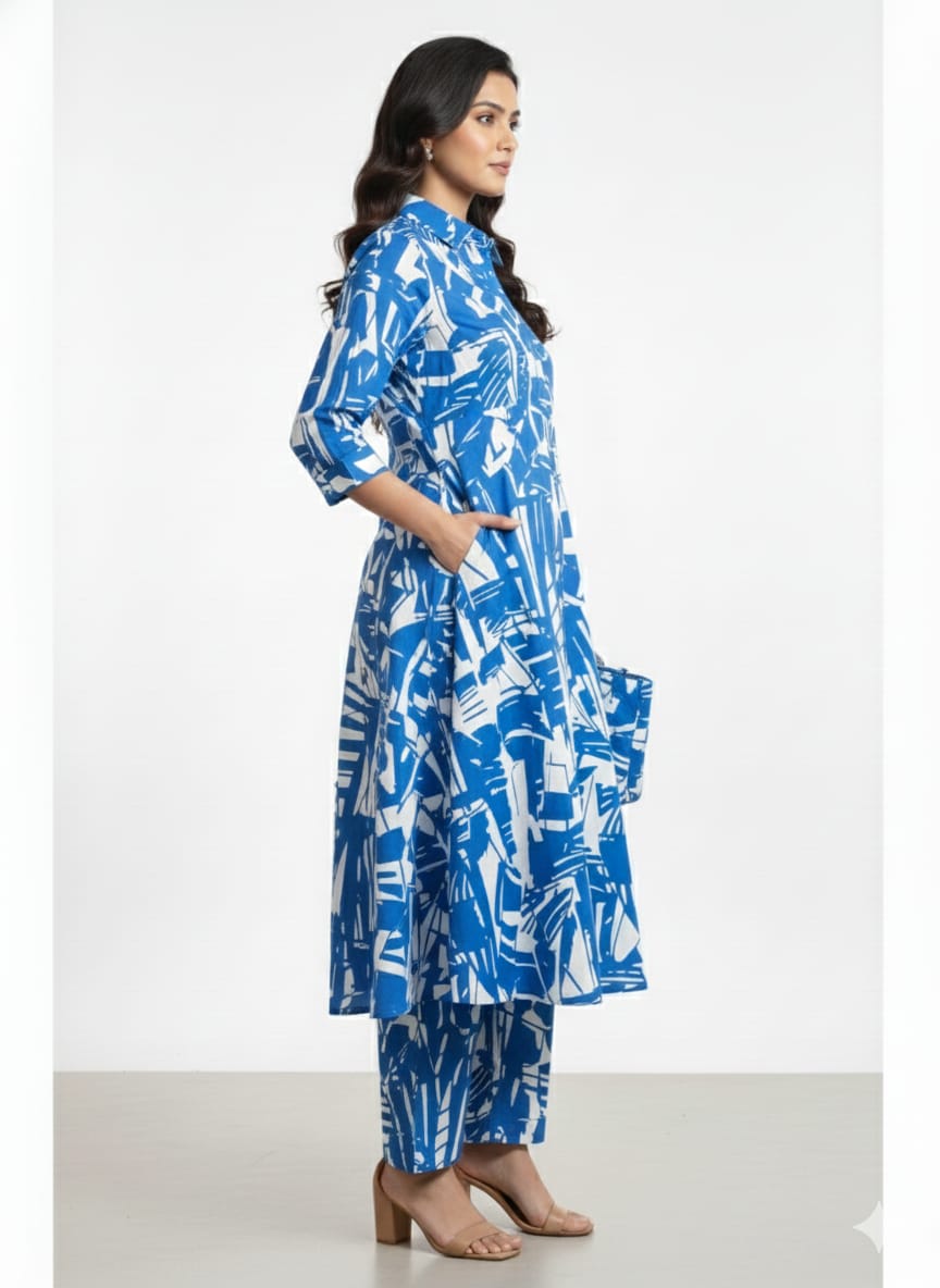 Women’s Blue Abstract Printed Cotton Kurta Set with Straight Pants
