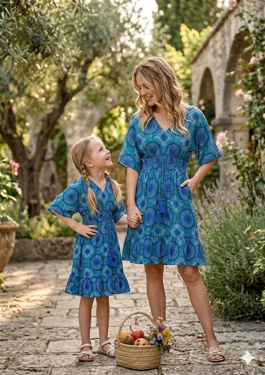Mom & Me Circular Abstract Printed Cotton Kaftan A-Line Dress