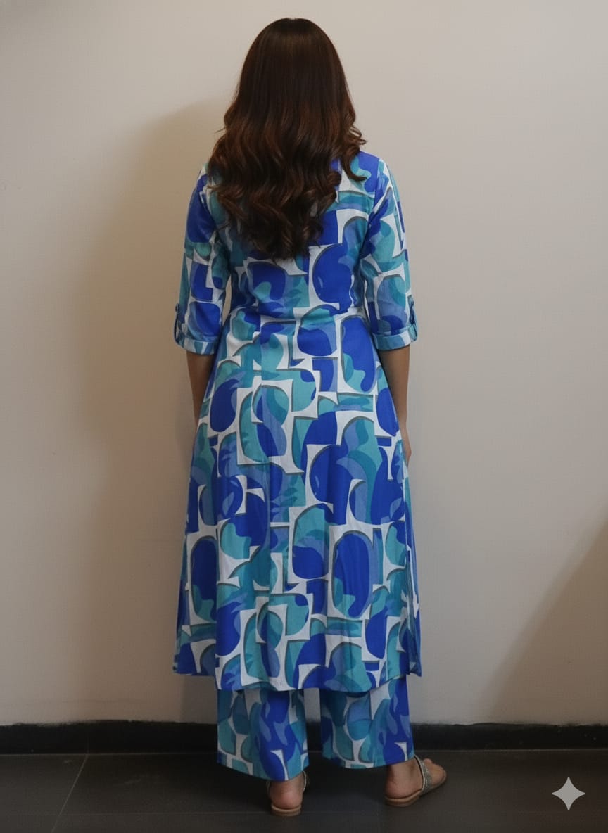 Women’s Blue Abstract Printed Rayon Kurta Set with Straight Pants