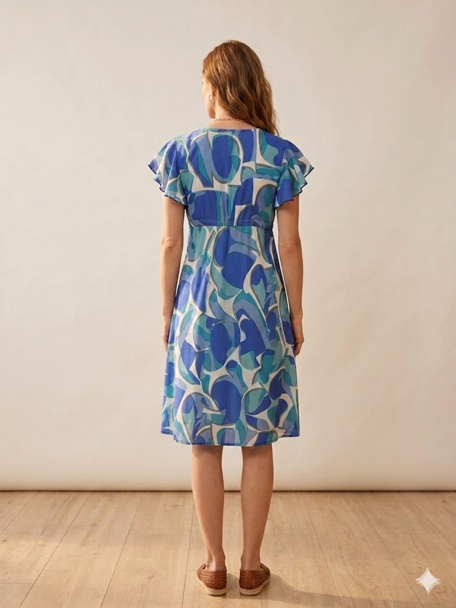 Mom & Me Blue Abstract Printed Rayon Umbrella Style A-Line Dress with Drawstring Waist