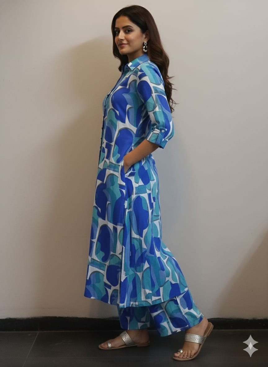 Women’s Blue Abstract Printed Rayon Kurta Set with Straight Pants