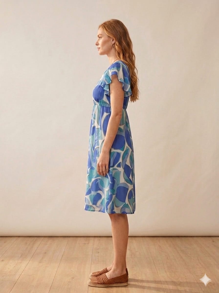 Mom & Me Blue Abstract Printed Rayon Umbrella Style A-Line Dress with Drawstring Waist