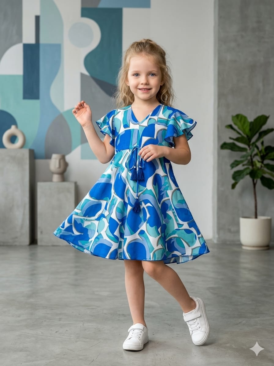 Mom & Me Blue Abstract Printed Rayon Umbrella Style A-Line Dress with Drawstring Waist