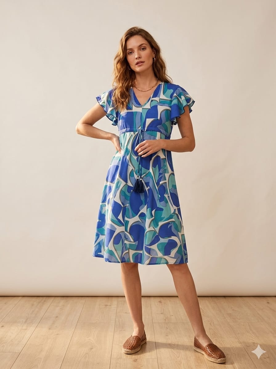 Mom & Me Blue Abstract Printed Rayon Umbrella Style A-Line Dress with Drawstring Waist