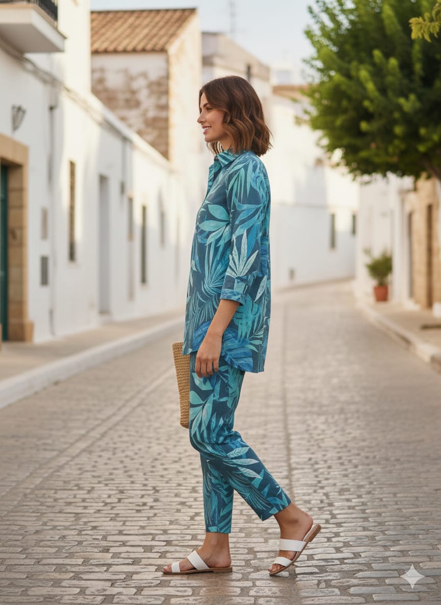 Women’s Blue Tropical Leaf Printed Cotton Shirt & Pant Co-Ord Set