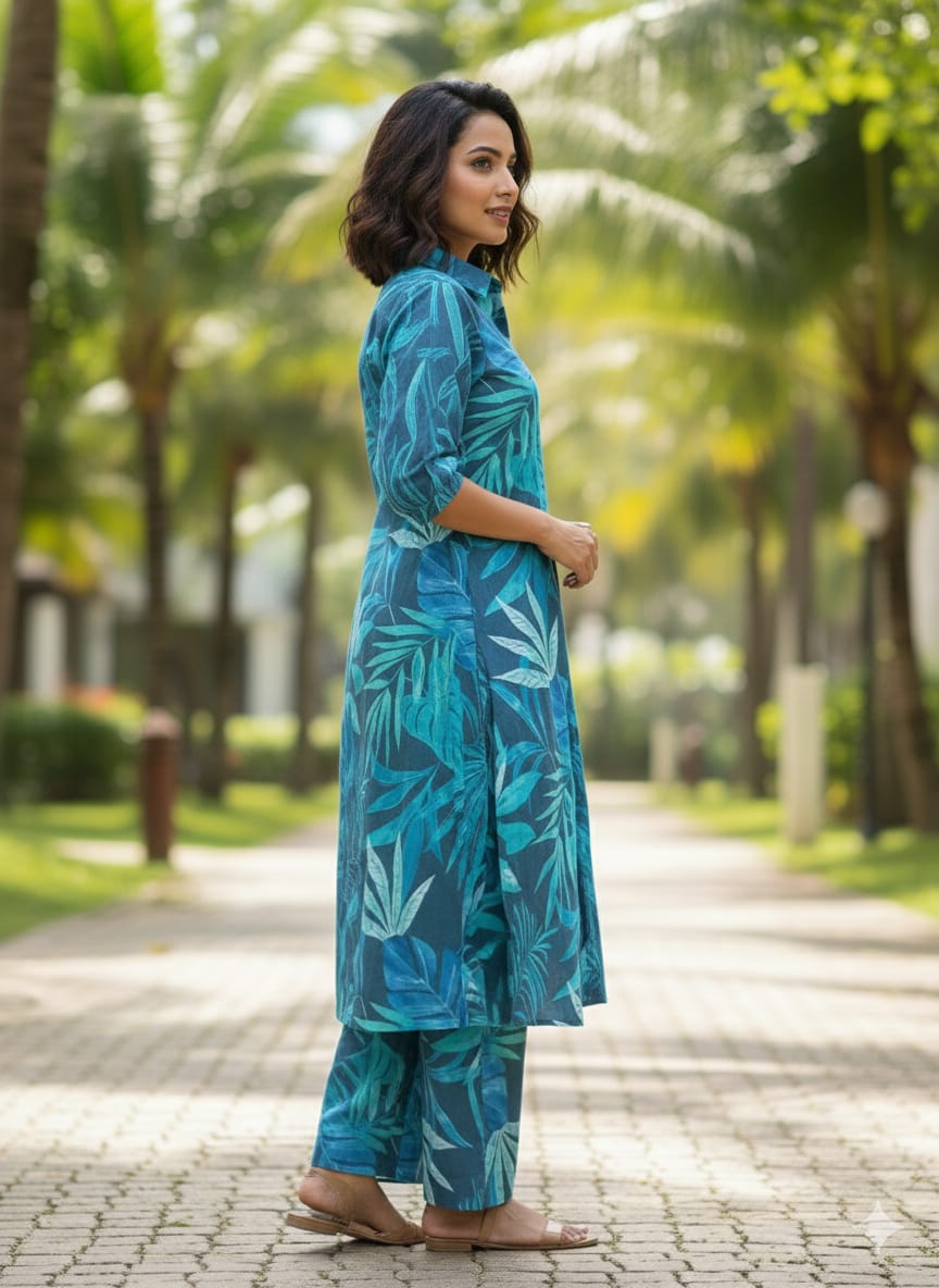 Women’s Teal Blue Tropical Leaf Printed Cotton Kurta Set with Straight Pants