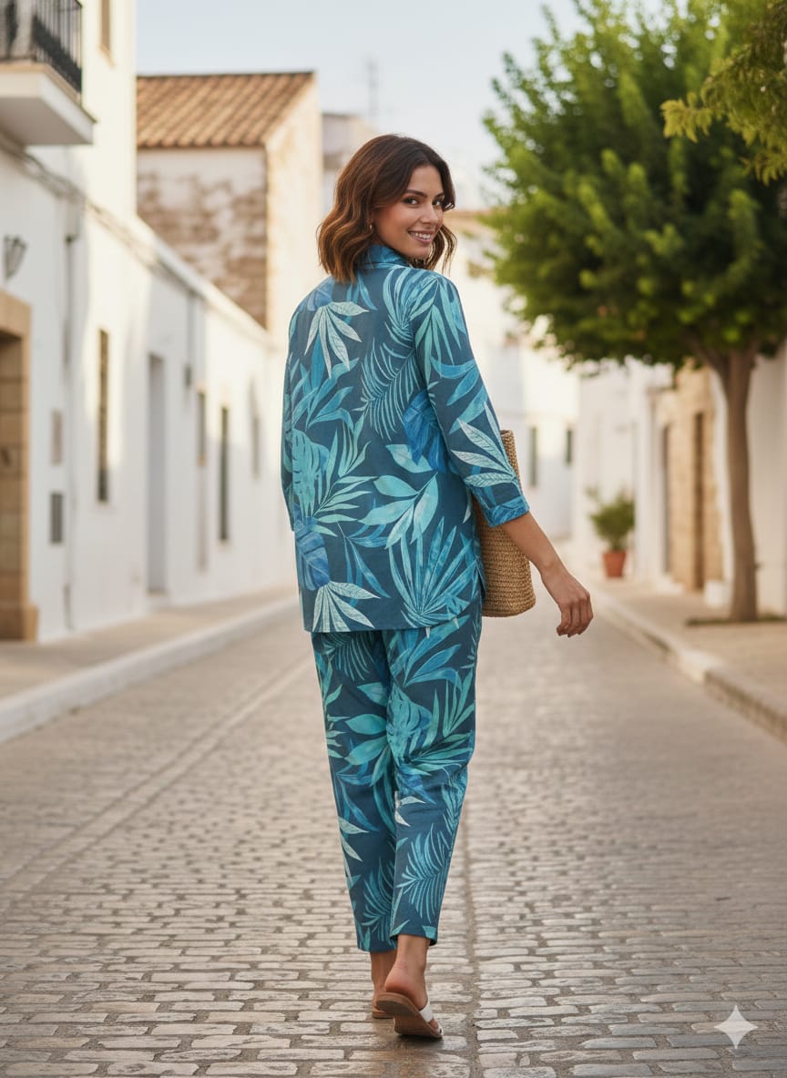 Women’s Blue Tropical Leaf Printed Cotton Shirt & Pant Co-Ord Set