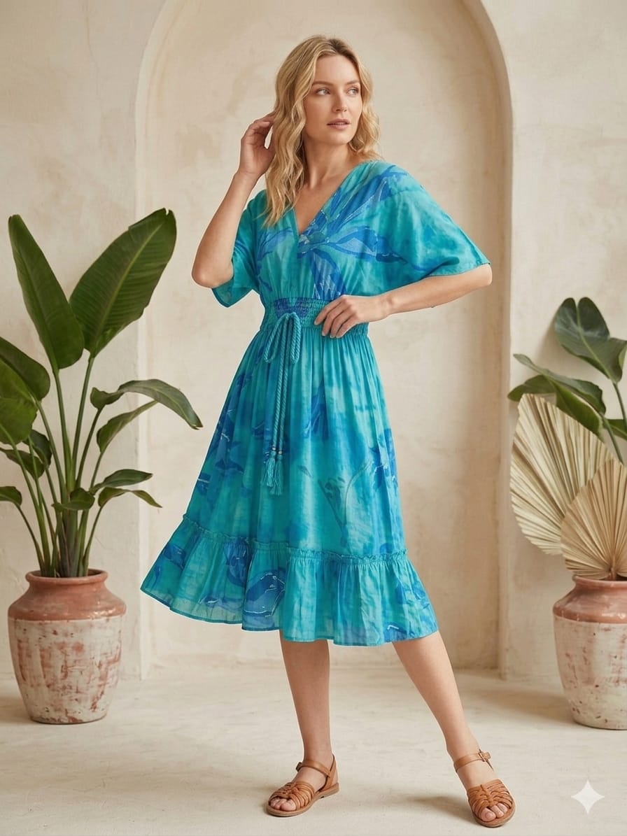 Mom & Me Blue Marbel Printed Cotton Kaftan A-Line Dress
