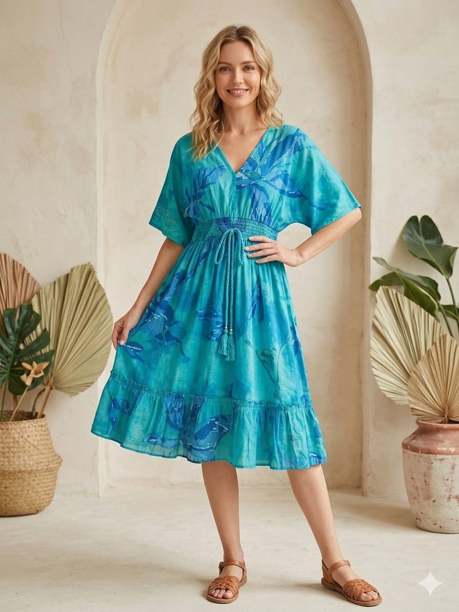 Mom & Me Blue Marbel Printed Cotton Kaftan A-Line Dress