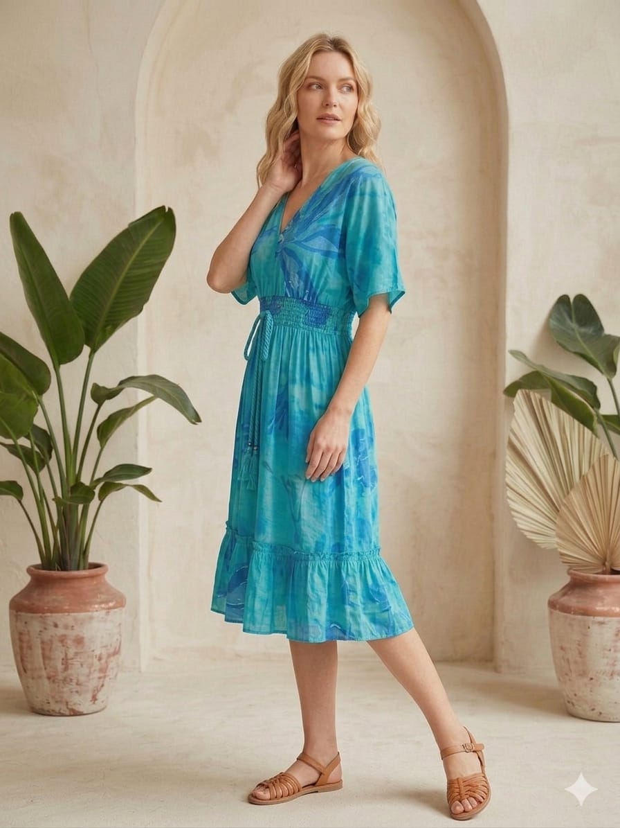 Women’s Blue Marbel Printed Cotton Kaftan A-Line Dress