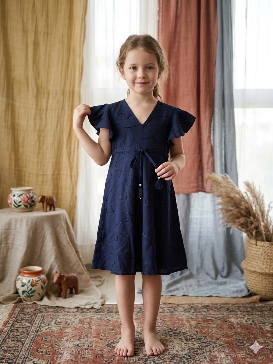 Baby Girls Blue Rayon Umbrella Style A-Line Dress with Drawstring Waist