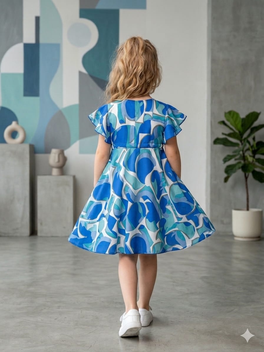 Mom & Me Blue Abstract Printed Rayon Umbrella Style A-Line Dress with Drawstring Waist