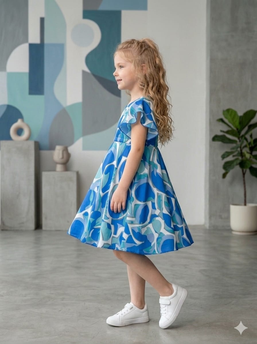 Mom & Me Blue Abstract Printed Rayon Umbrella Style A-Line Dress with Drawstring Waist
