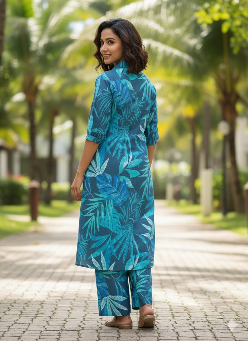 Women’s Teal Blue Tropical Leaf Printed Cotton Kurta Set with Straight Pants