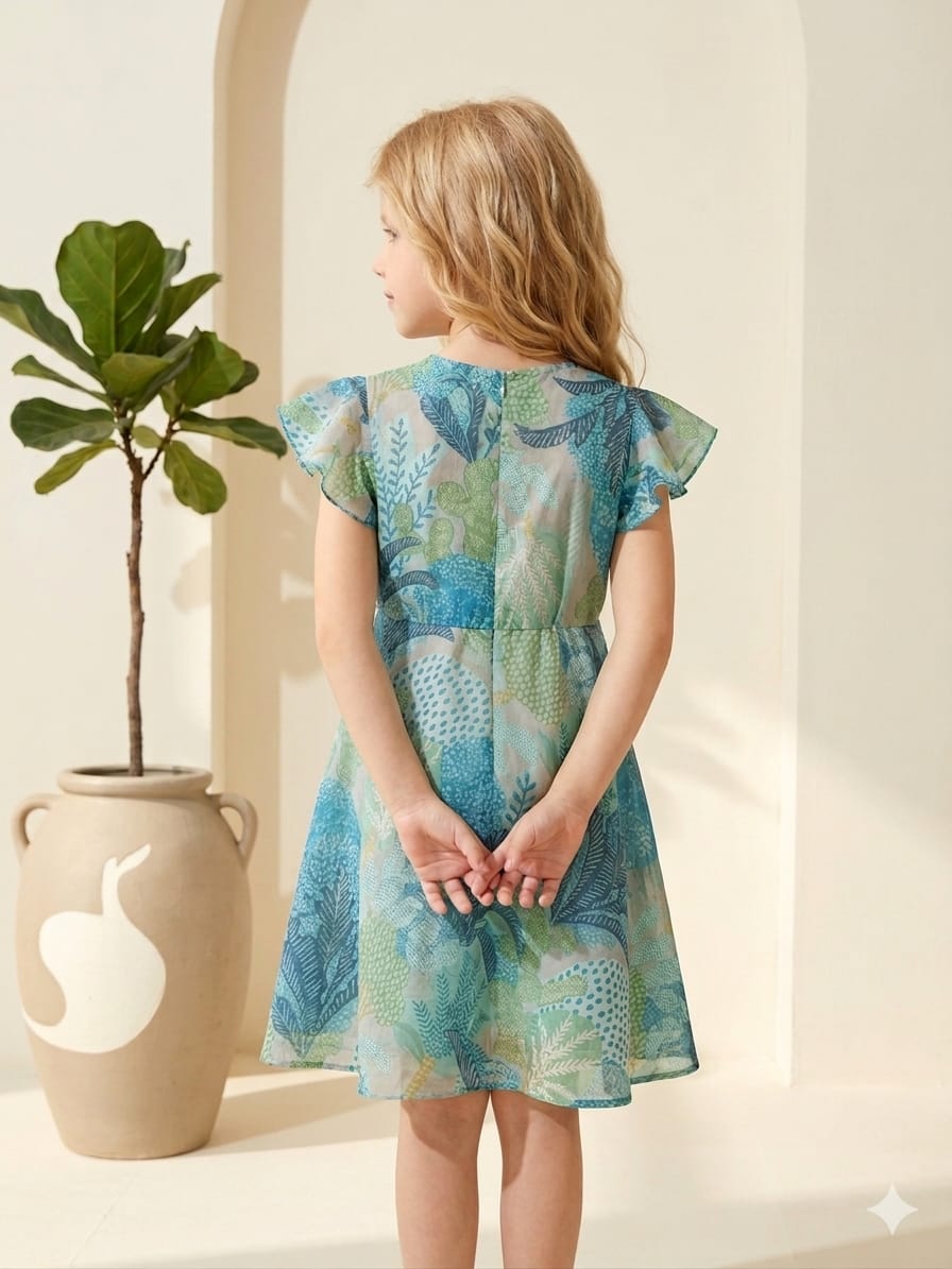 Baby Girls Blue Jaal Printed Chanderi Umbrella Style A-Line Dress with Flutter Sleeves