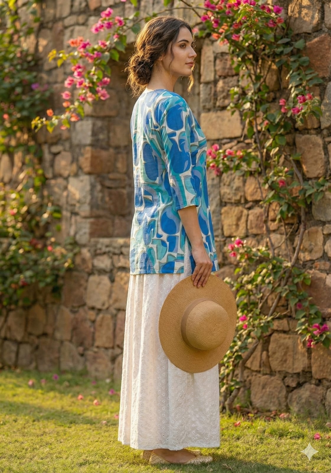 Women’s Blue Abstract Printed Rayon Kurta with Chikankari Flared Skirt Set