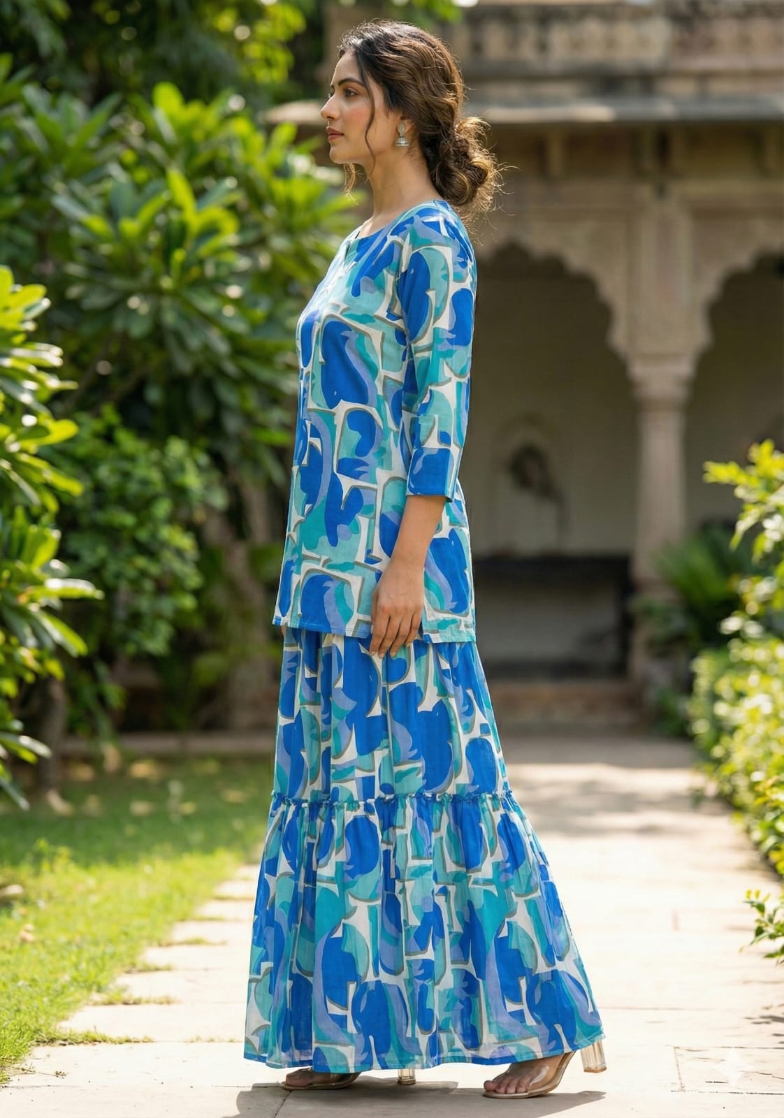 Women’s Blue Abstract Printed Rayon Kurta with Flared Skirt Set