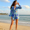 Women’s Blue Abstract Printed Rayon Beach Wear Set with Tie-Up Top & Shorts