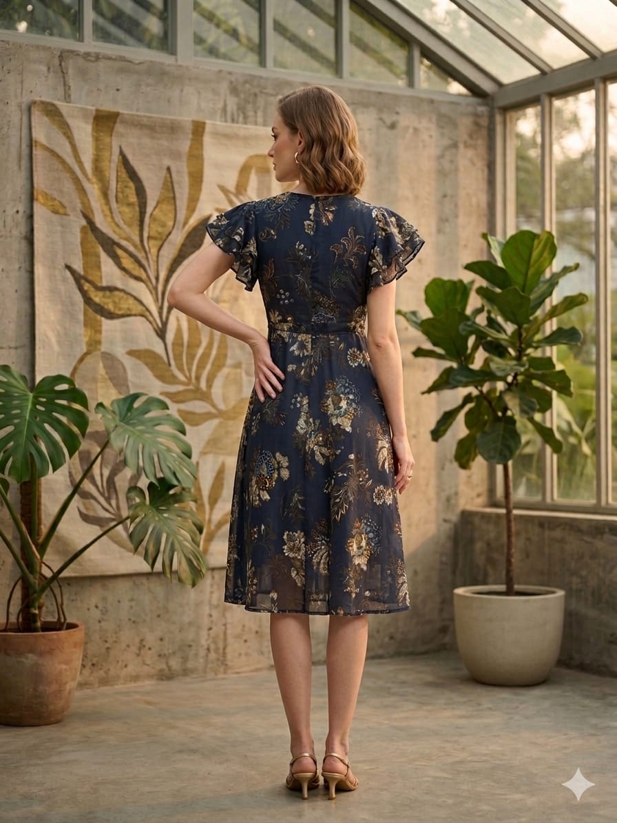 Women’s Blue Floral Printed Chanderi Umbrella Style A-Line Dress with Drawstring Waist