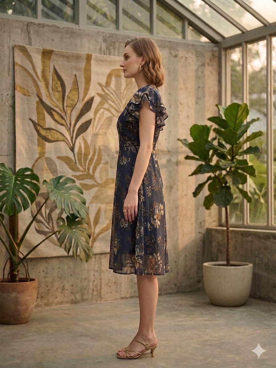 Mom & Me Blue Floral Printed Chanderi Umbrella Style A-Line Dress with Drawstring Waist