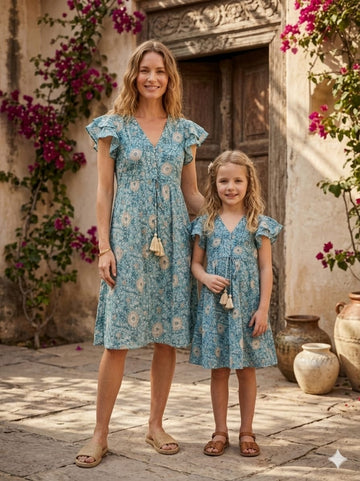 Mom & Me Blue Jaal Chanderi Umbrella Style A-Line Dress with Drawstring Waist
