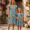 Mom & Me Blue Jaal Chanderi Umbrella Style A-Line Dress with Drawstring Waist