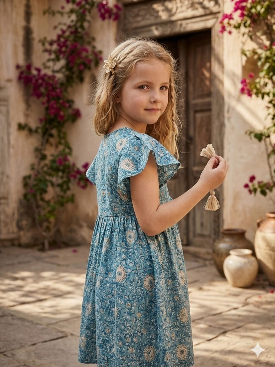 Mom & Me Blue Jaal Chanderi Umbrella Style A-Line Dress with Drawstring Waist