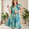 Women’s Blue Jaal Printed Chanderi Umbrella Style A-Line Dress with Drawstring Waist