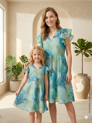 Mom & Me Sky Blue Jaal Printed Chanderi Umbrella Style A-Line Dress with Drawstring Waist